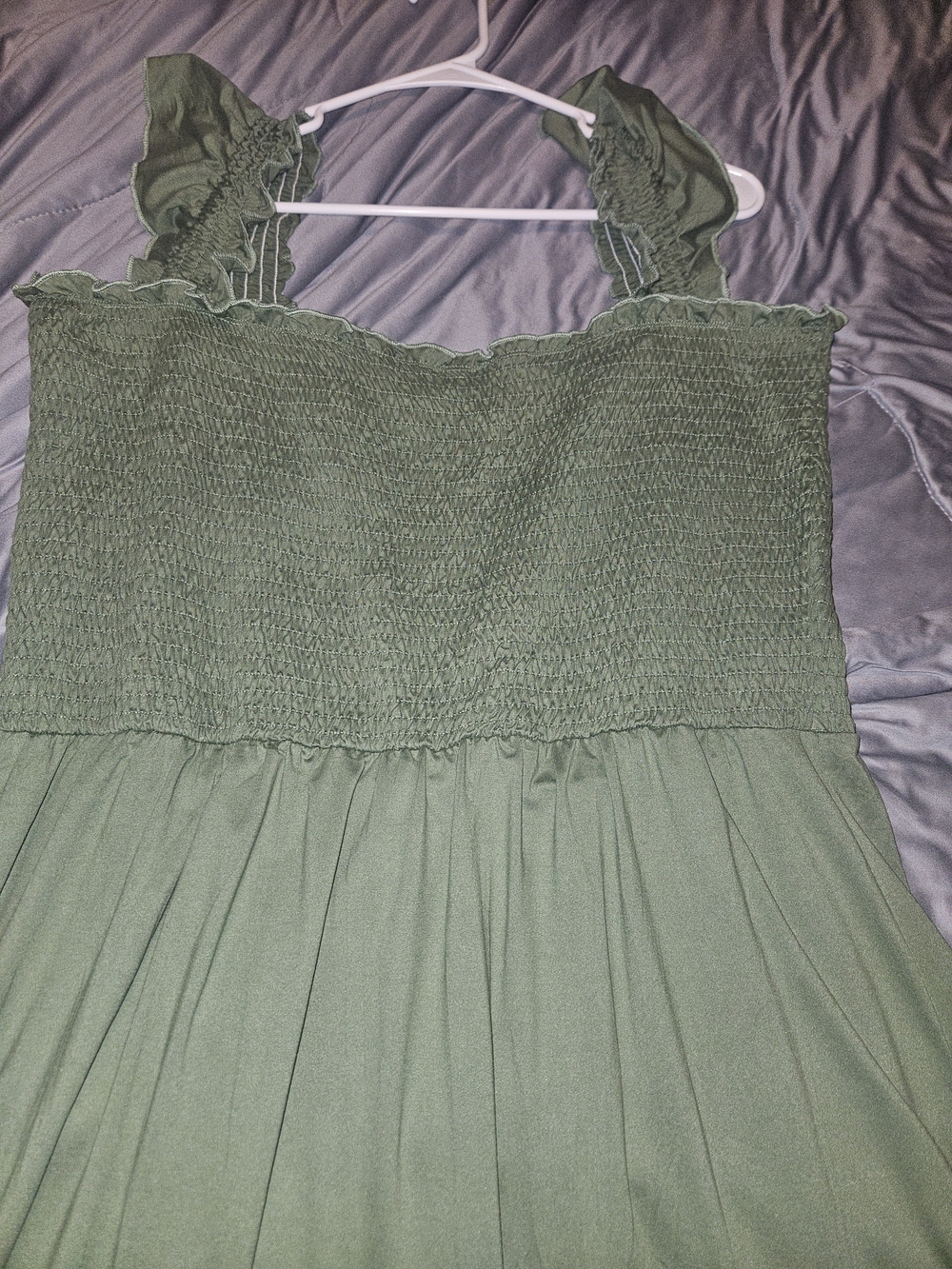 Smocked Olive Midi Dress with Ruffle Straps